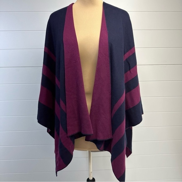 Talbots Navy & Burgundy Striped Poncho Ruana Cotton Blend Wrap Preppy Fall Layer - Picture 1 of 8